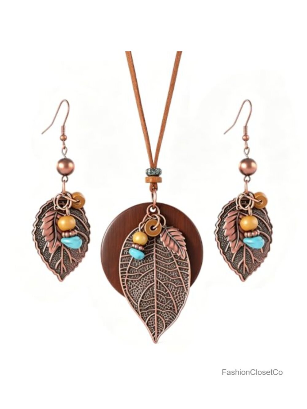 Bohemian Wood Leather Necklace Set Leaf Pendant Tribal Earrings Hemp Rope